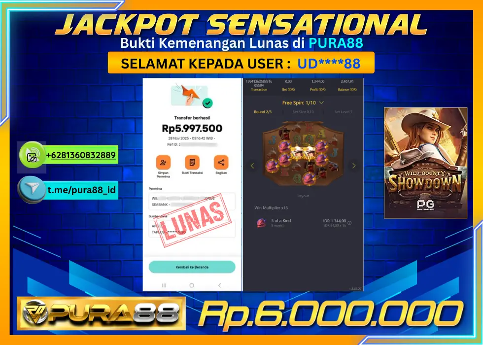 PURA88 JACKPOT SENSATIONAL WILD BOUNTY SHOWDOWN Rp 6.000.000,- LUNAS